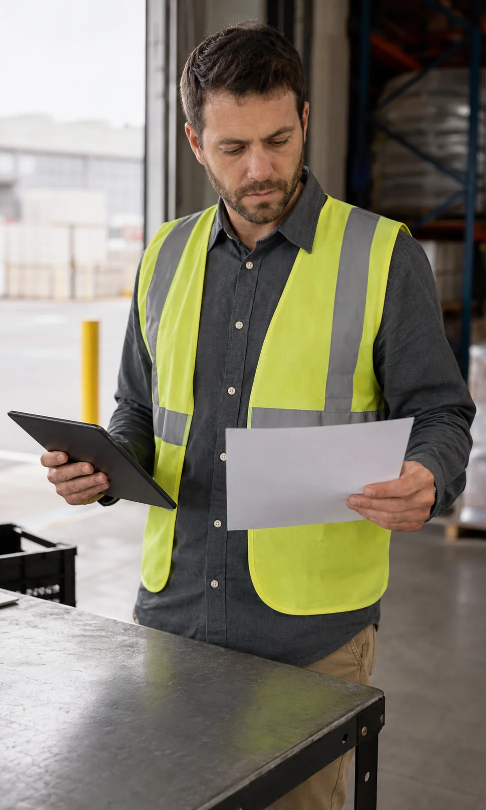 Warehouse-side logistics professional reviewing a tablet and plain route sheet