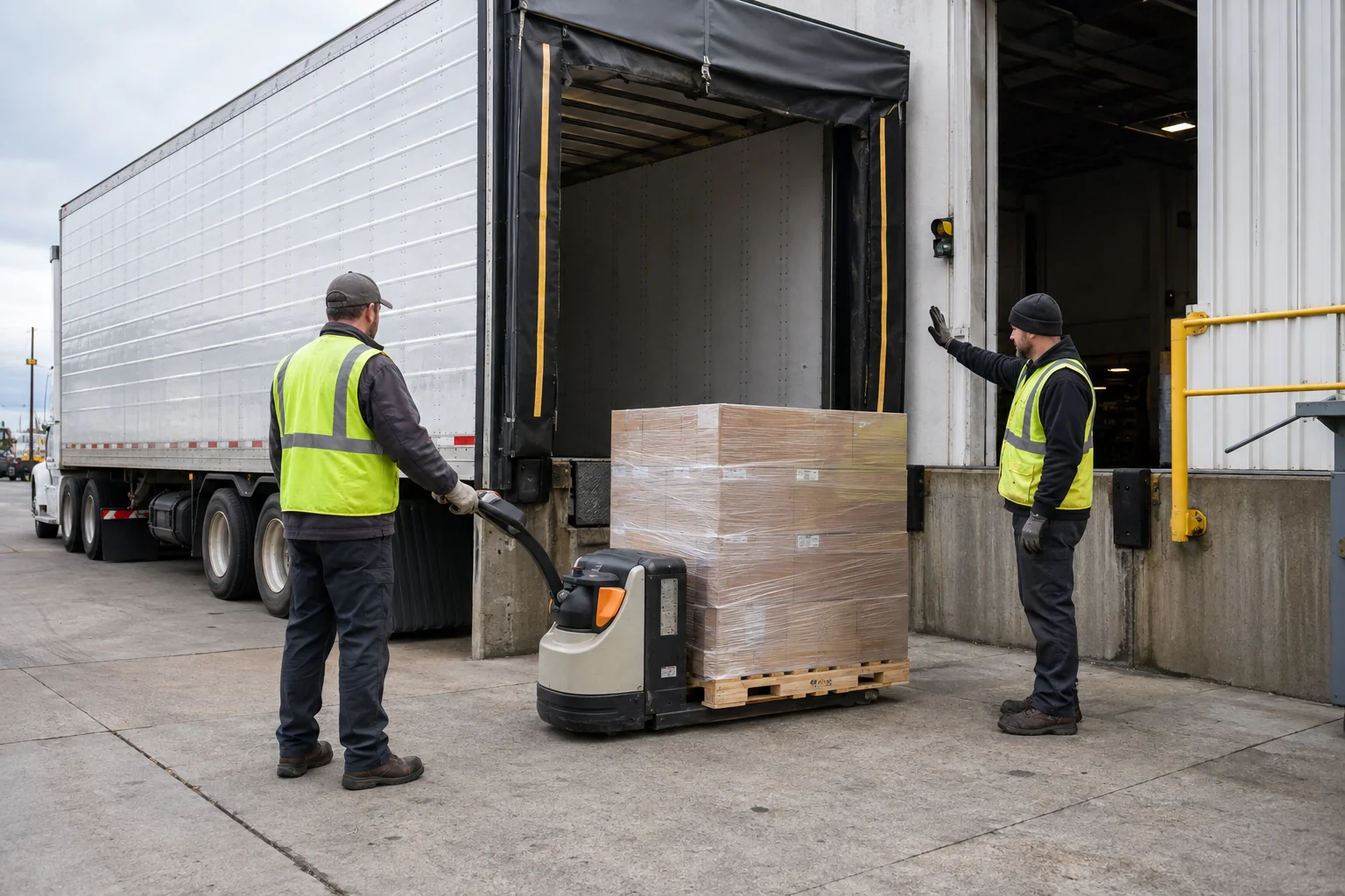 Two warehouse workers coordinating a wrapped pallet beside an unbranded trailer